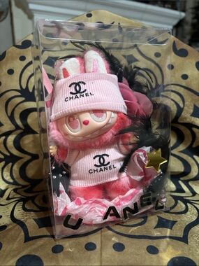 Pink Plush LABUBU Doll with Designer Logo Knitwear